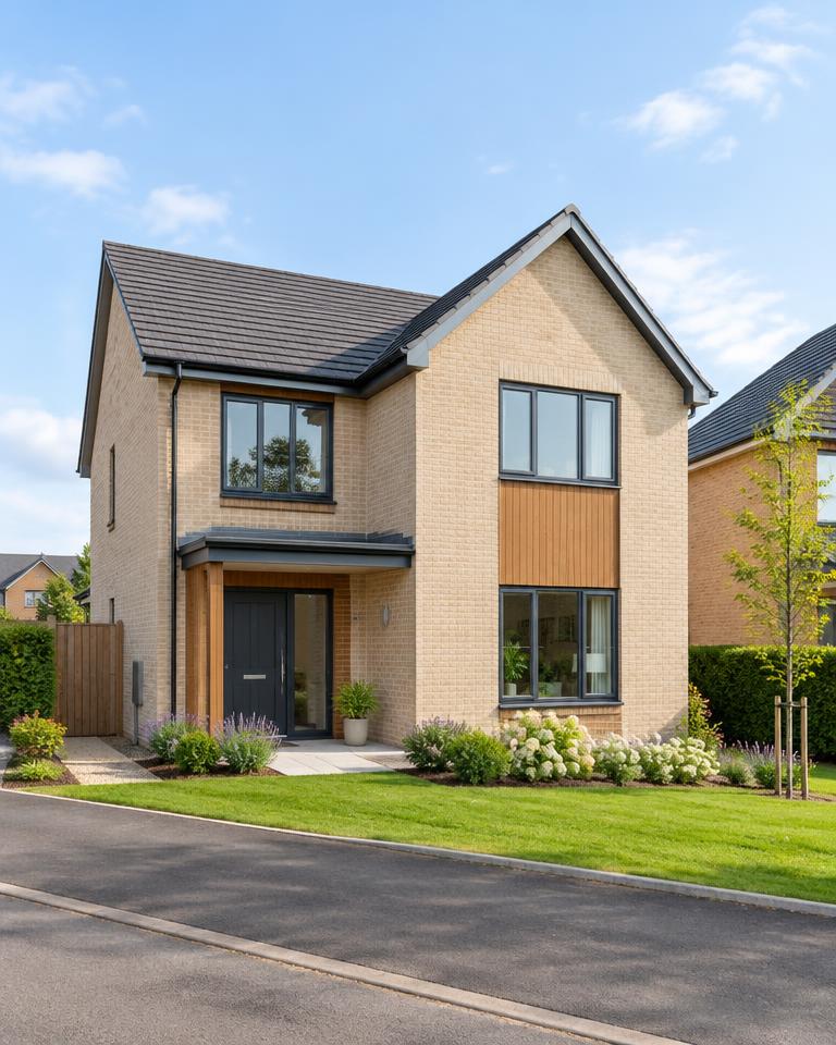 Illustrative newly built two-storey family home with a landscaped front garden