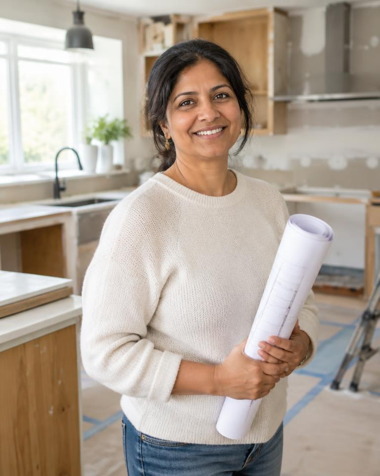 A homeowner holding plans in her kitchen during renovation